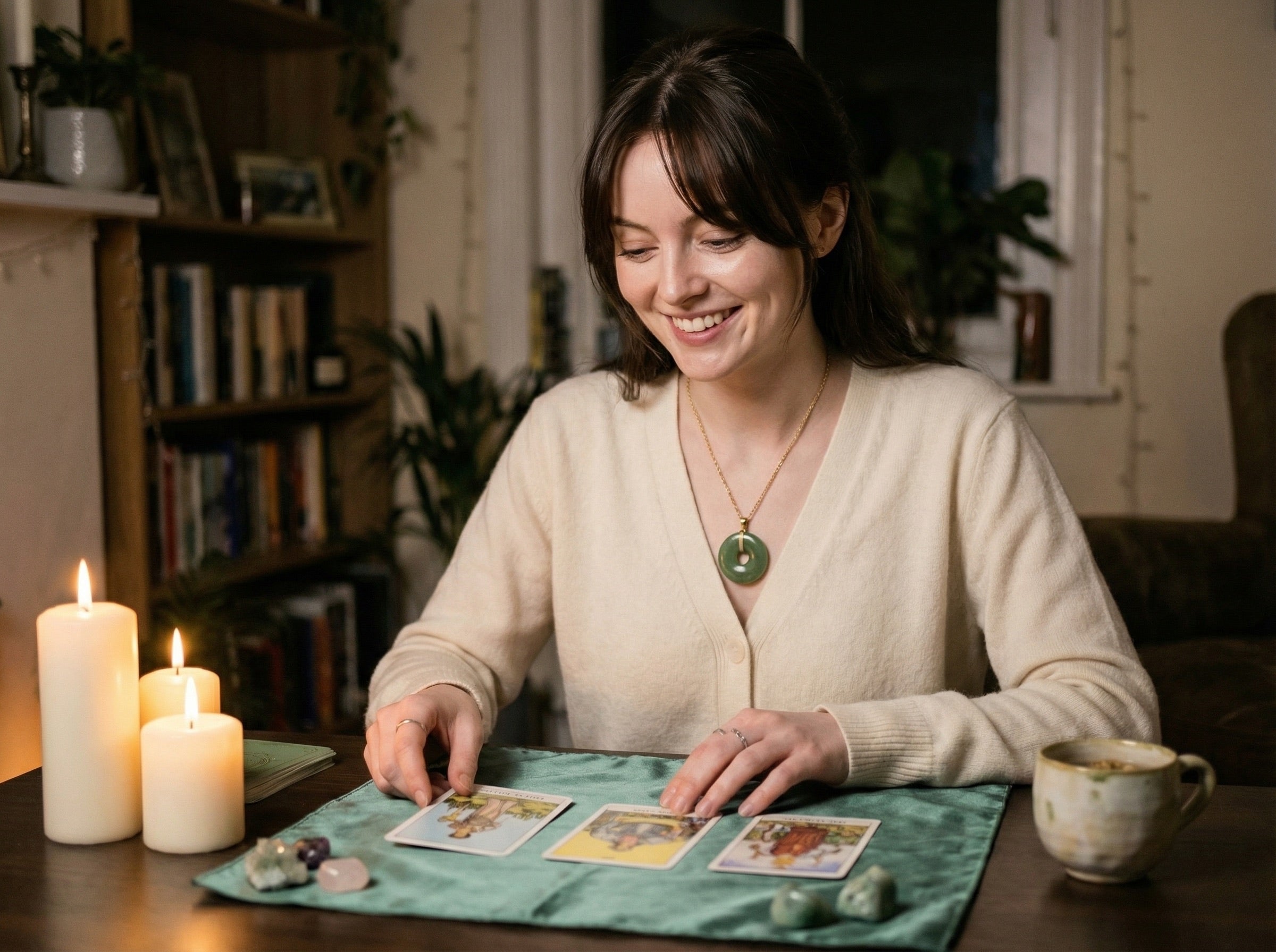 Jade performing a reading with oracle cards by candlelight