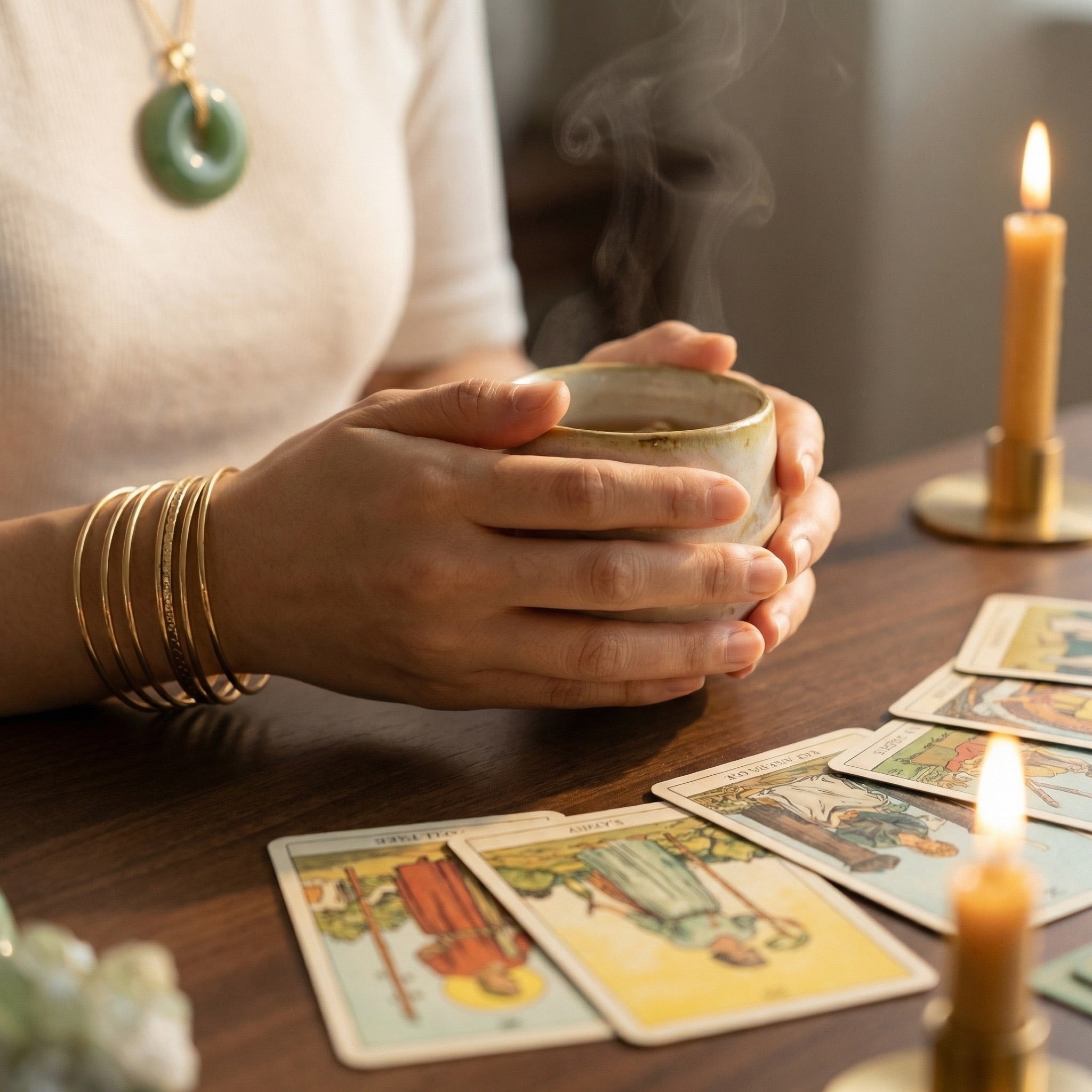 Jade holding tea with oracle cards